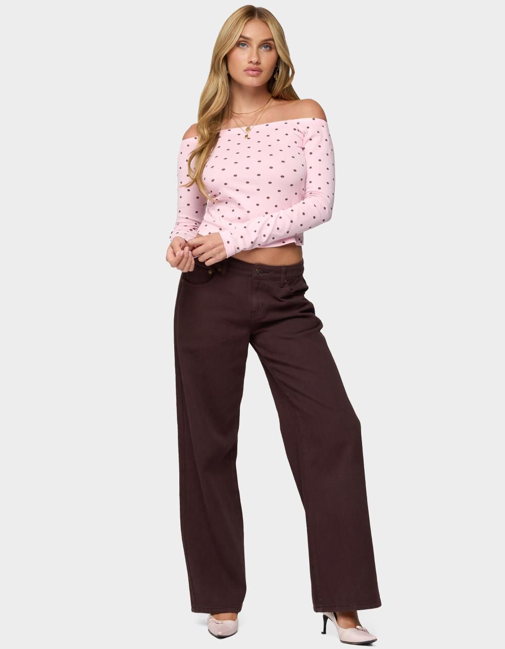 EDIKTED Leandra Off Shoulder Polka Dot Top - LIGHT PINK - M | Tillys