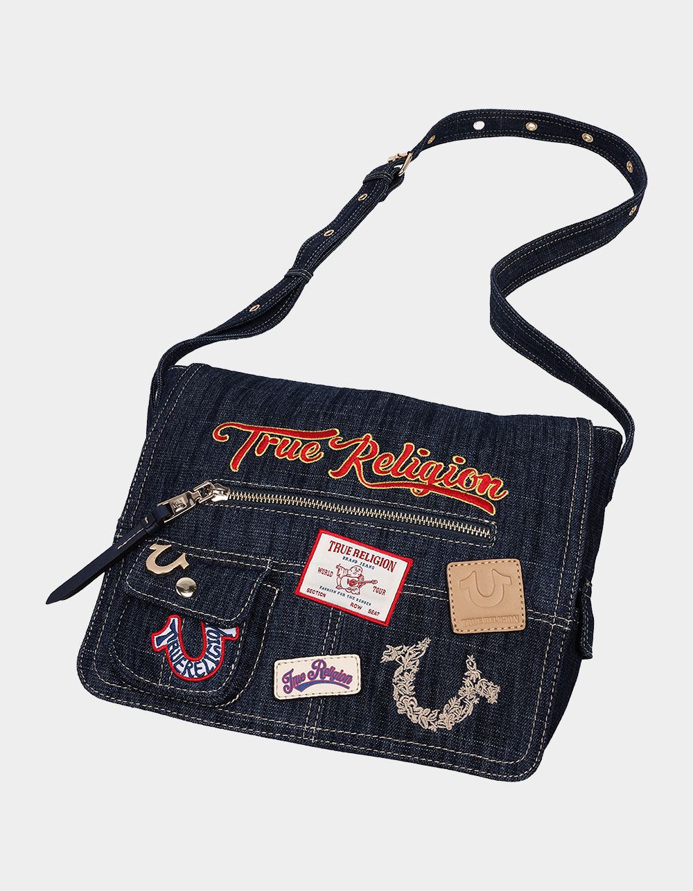 TRUE RELIGION Multi Patch Denim Messenger Bag - DK DENIM - ONE