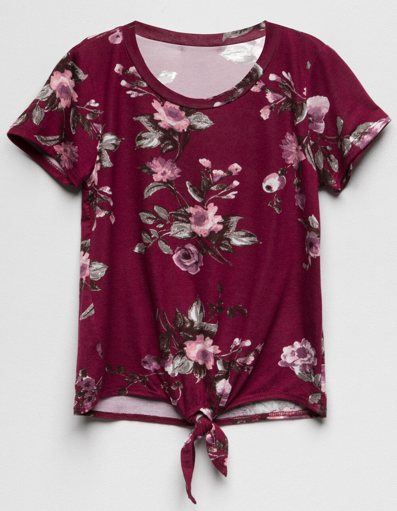 WHITE FAWN Floral Tie Front Burgandy Girls Tee image number 0