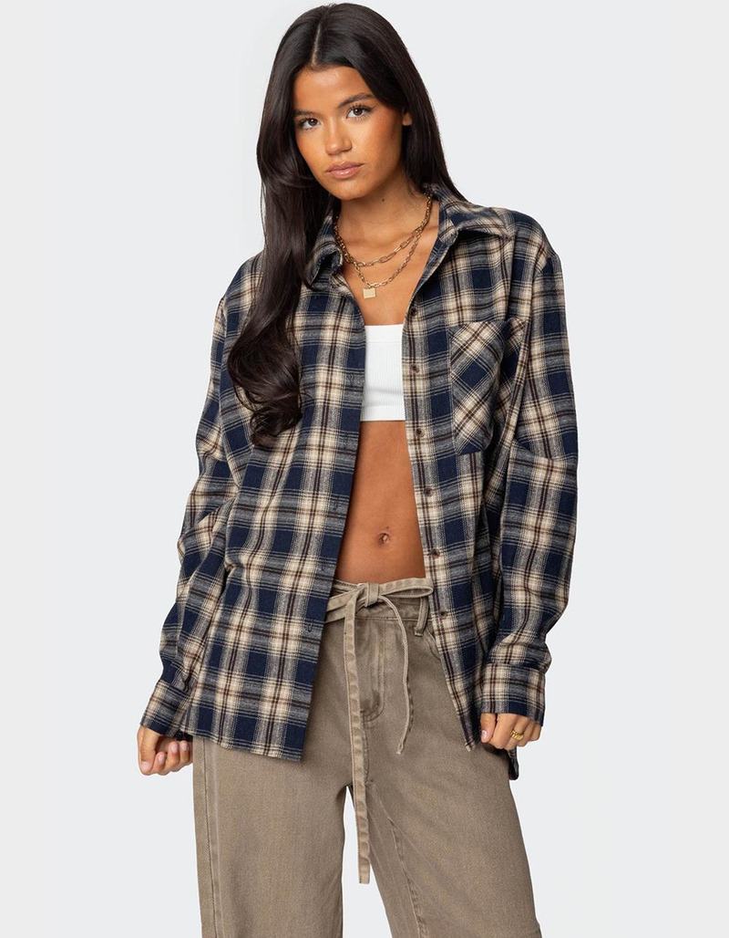 EDIKTED Plaid Flannel Button Up Shirt image number 0