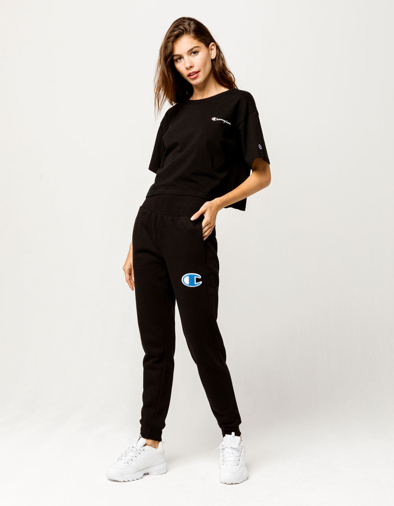 CHAMPION Reverse Weave Chenille Logo Black Womens Jogger Pants image number 3