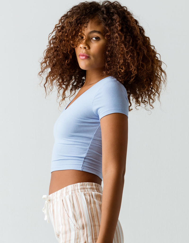 DESTINED Ribbed V-Neck Womens Light Blue Crop Tee image number 1