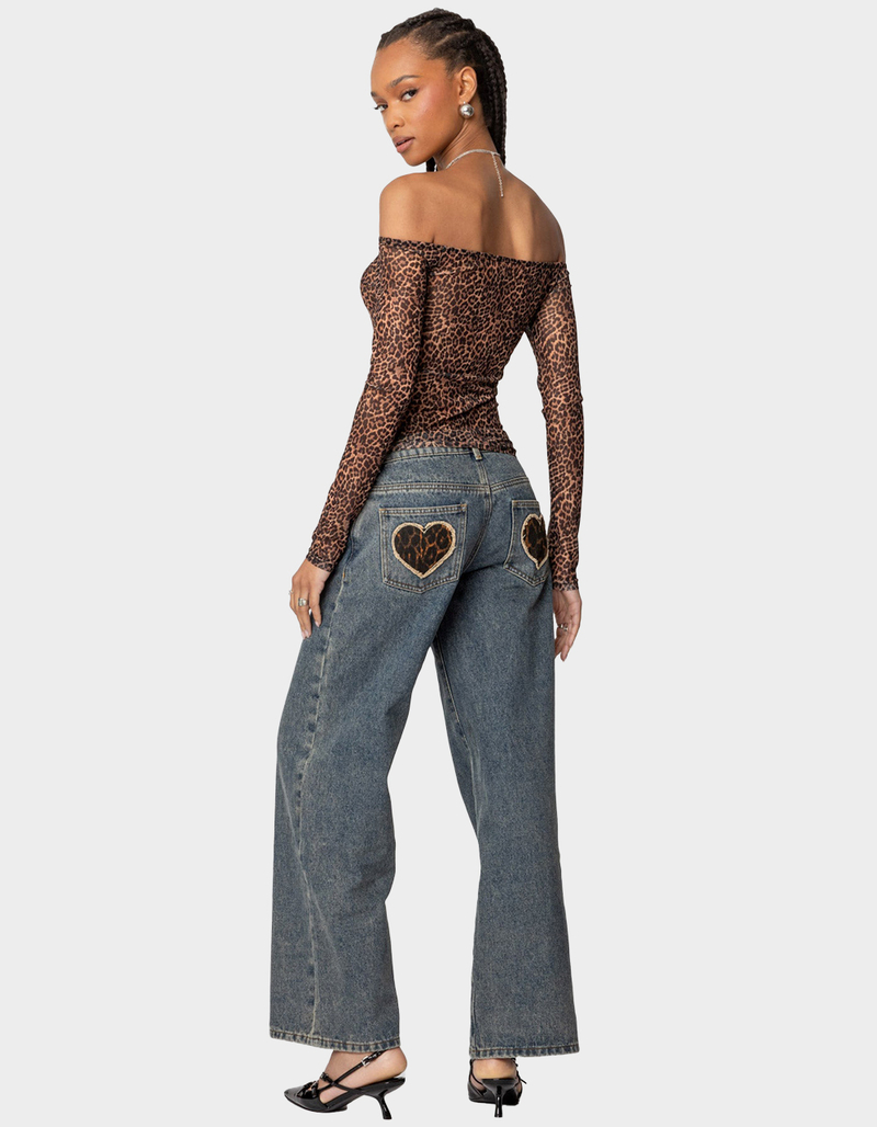 EDIKTED Leopard Sheer Mesh Off Shoulder Top image number 4