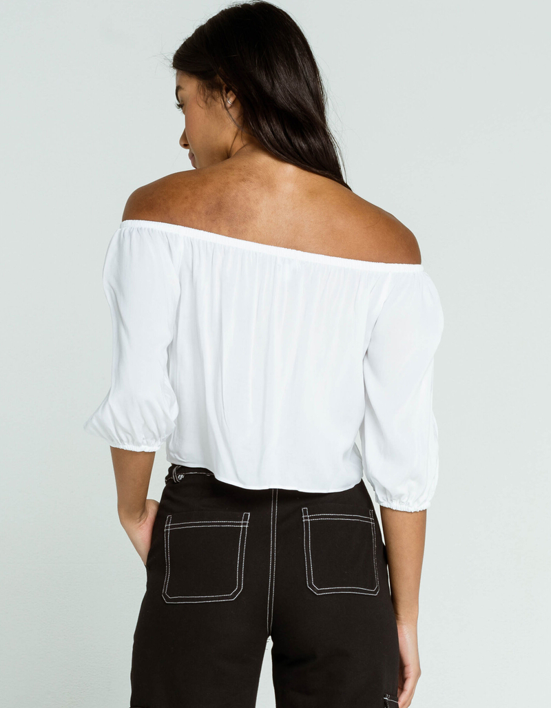 LOVE FIRE Button Off The Shoulder Tie Front Womens White Top image number 2