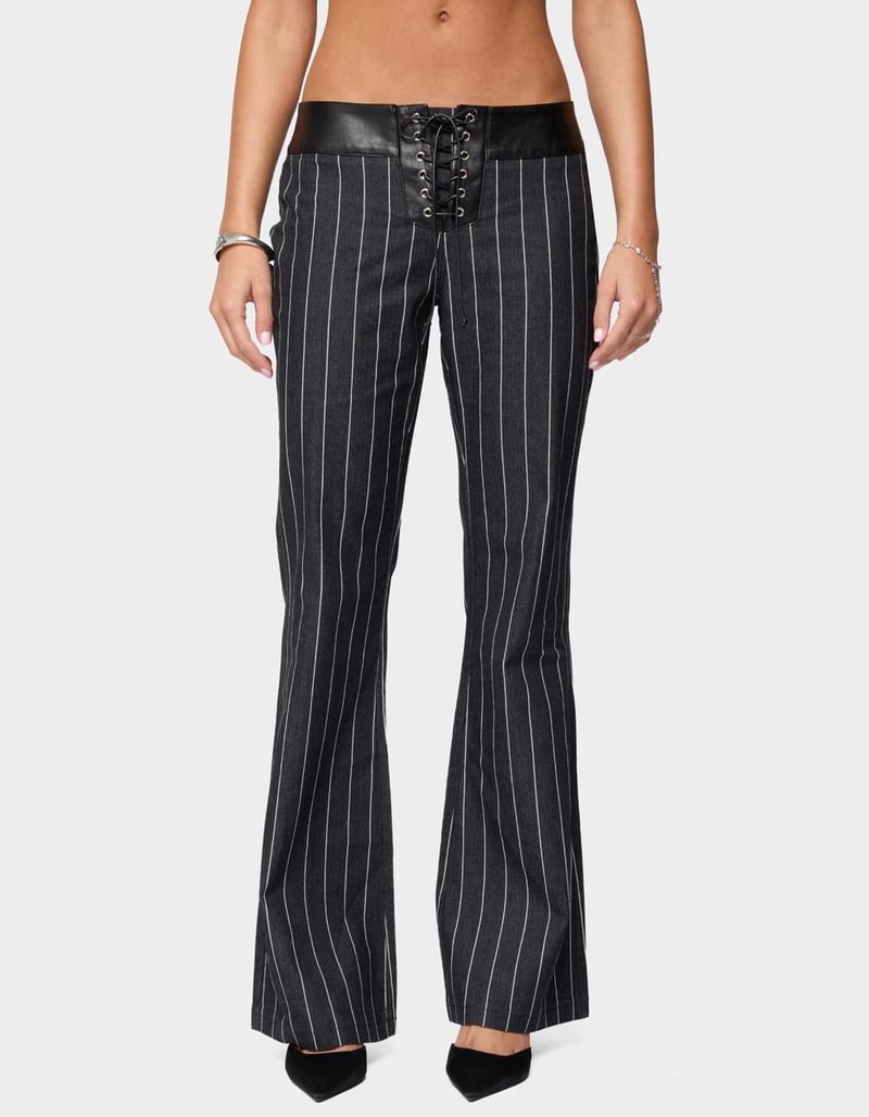 EDIKTED Pinstripe & Faux Leather Low Rise Flared Jeans image number 0