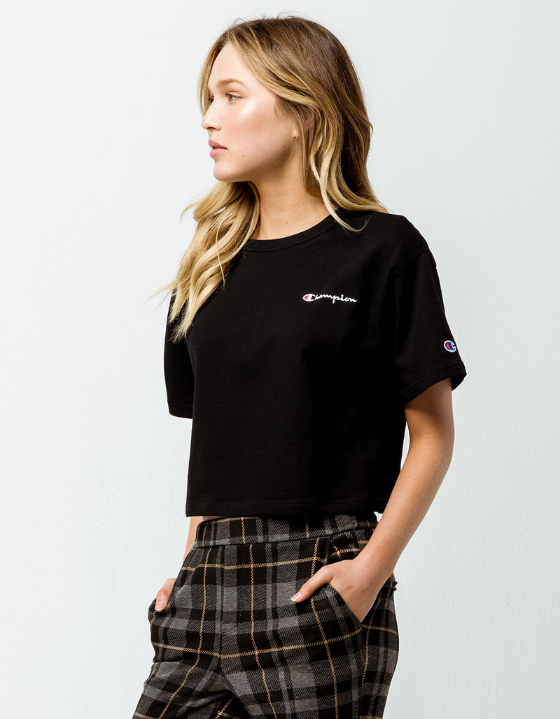 CHAMPION Embroidered Script Logo Black Womens Crop Tee image number 0