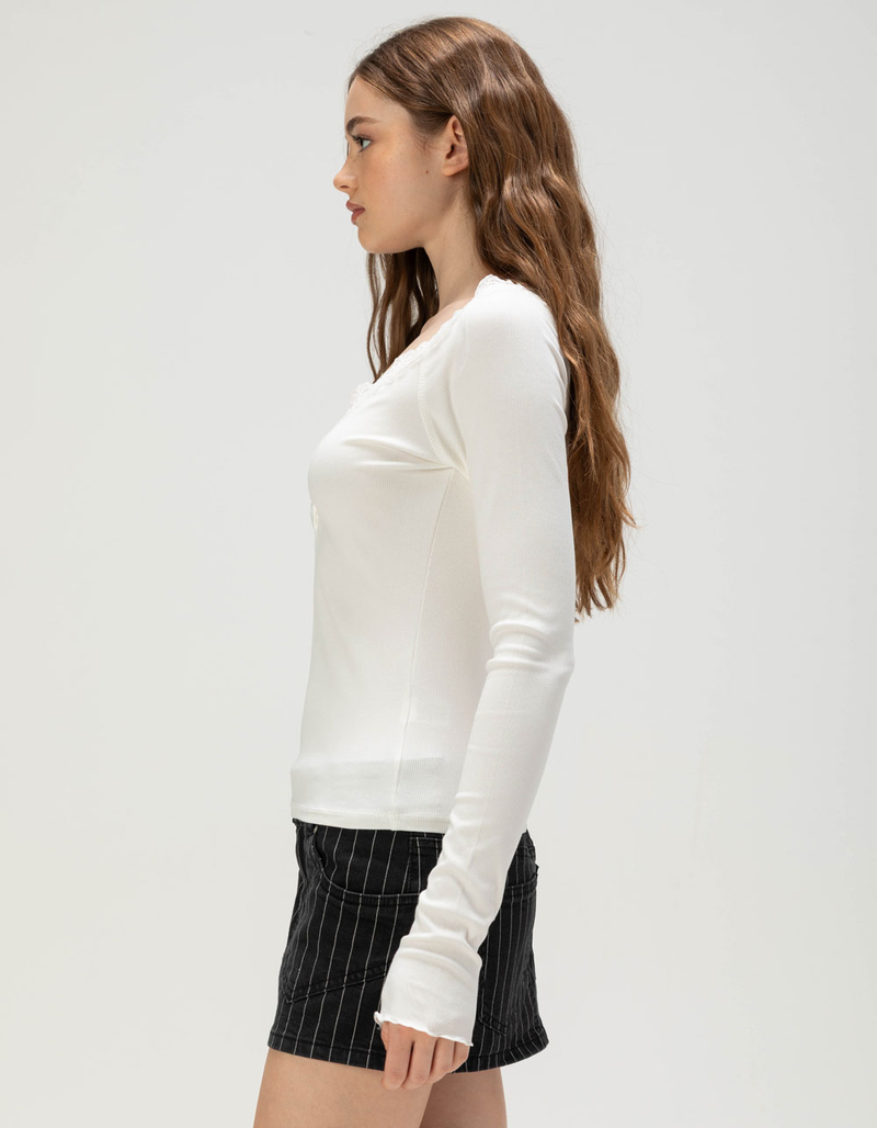 LOVE TREE Womens Lace Trim Long Sleeve Henley Top image number 2