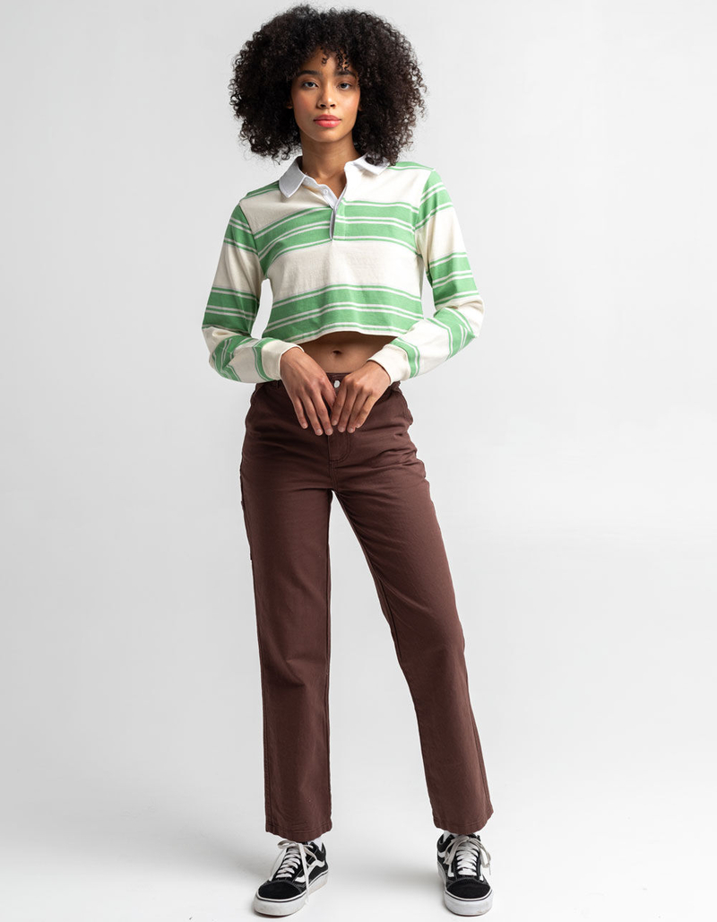 FULL TILT Womens Green White & Gray Stripe Rugby Polo Shirt image number 4