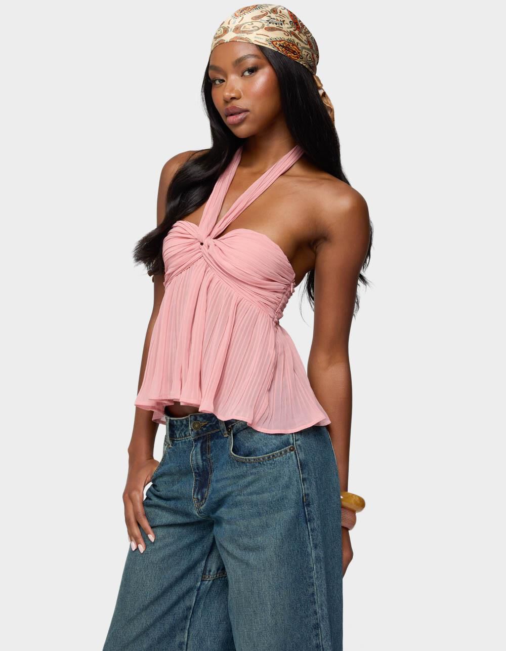 EDIKTED Pleated Chiffon Babydoll Halter Top - PINK | Tillys