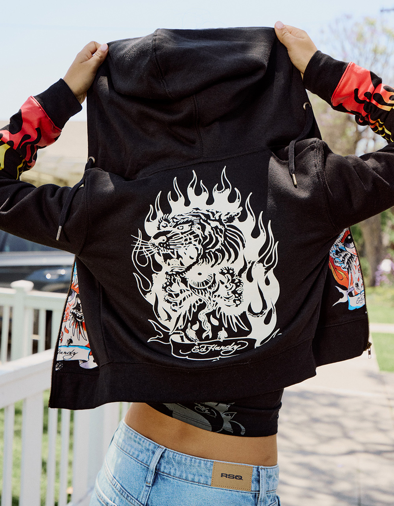 ED HARDY Tiger Flame Womens Crop Zip-Up Hoodie image number 6
