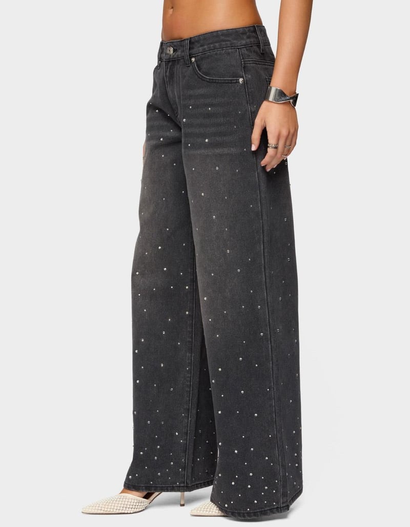EDIKTED Rhinestone Washed Low Rise Baggy Jeans image number 1