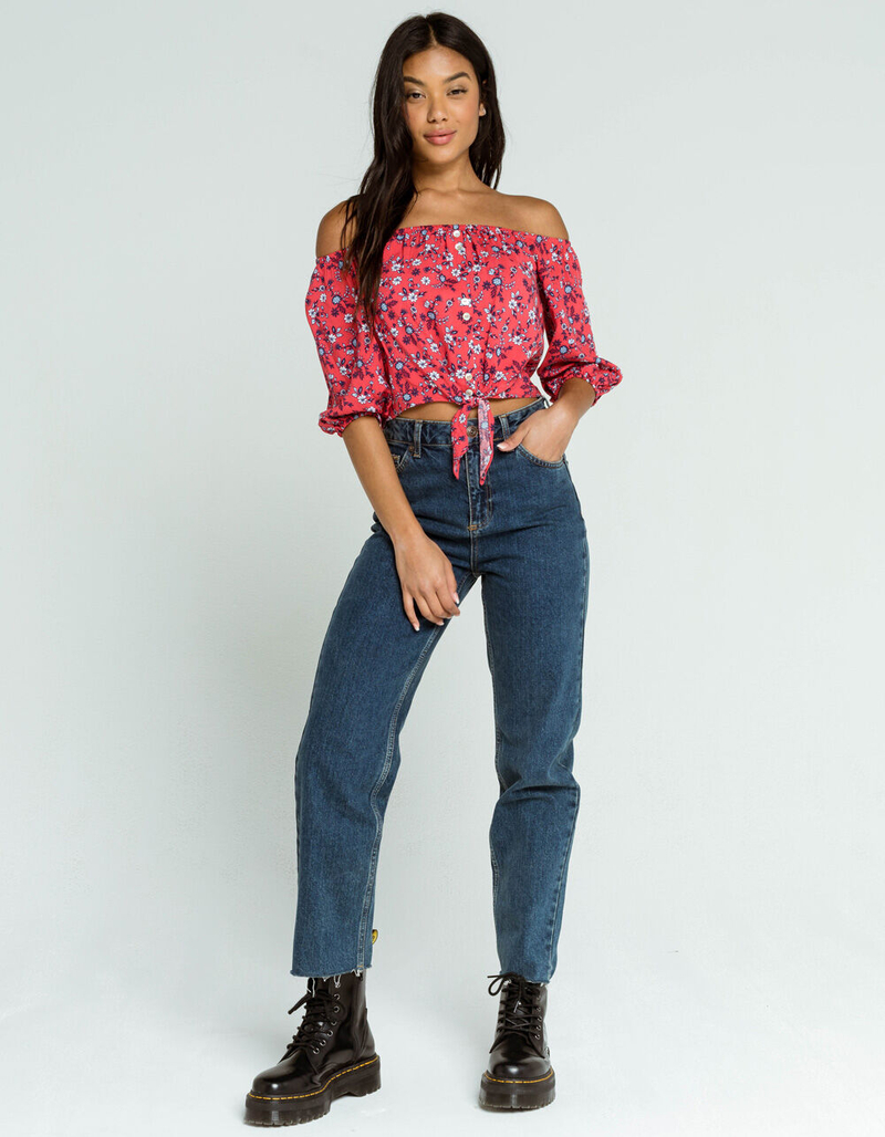 LOVE FIRE Button Off The Shoulder Tie Front Womens Red Top image number 3