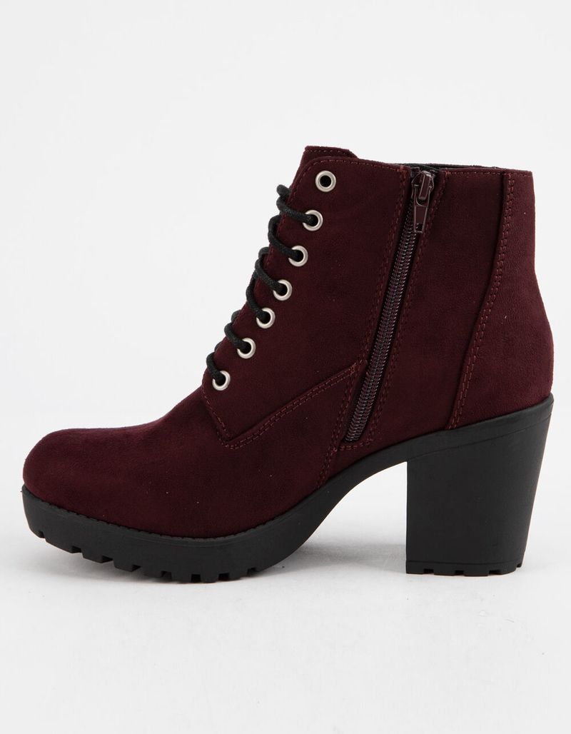 SODA Lug Sole Lace Up Wine Womens Booties image number 2