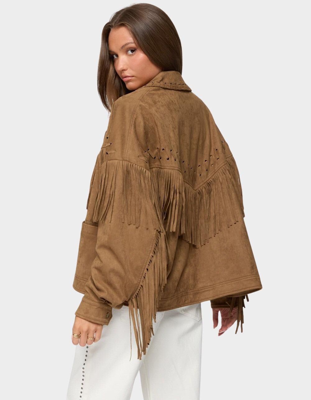 EDIKTED Evonka Fringe Faux Suede Jacket - BROWN | Tillys