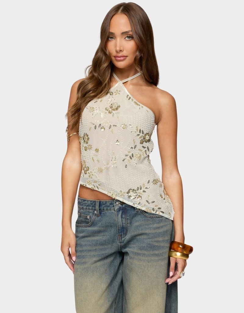 EDIKTED Beaded Sequin Asymmetric Halter Top image number 0