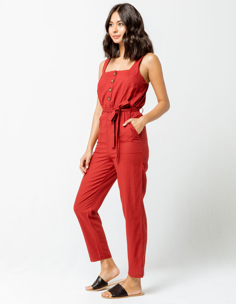 MIMI CHICA Button Front Linen Burgundy Womens Jumpsuit image number 1