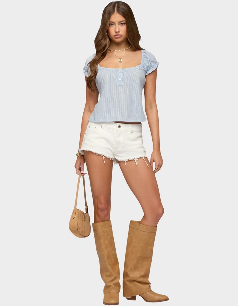 EDIKTED Frayed Vintage Washed Denim Shorts image number 4