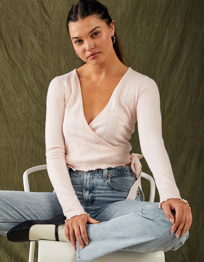 RSQ Womens Pointelle Rib Wrap Top image number 4