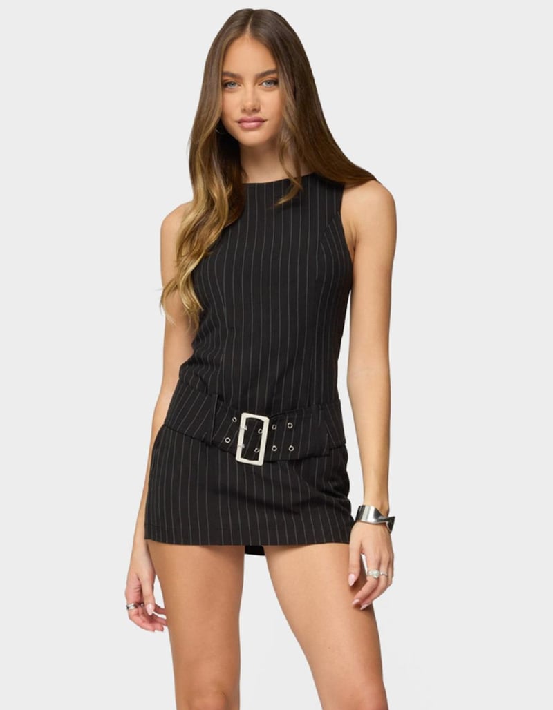 EDIKTED Sharone Belted Pinstripe Romper image number 0