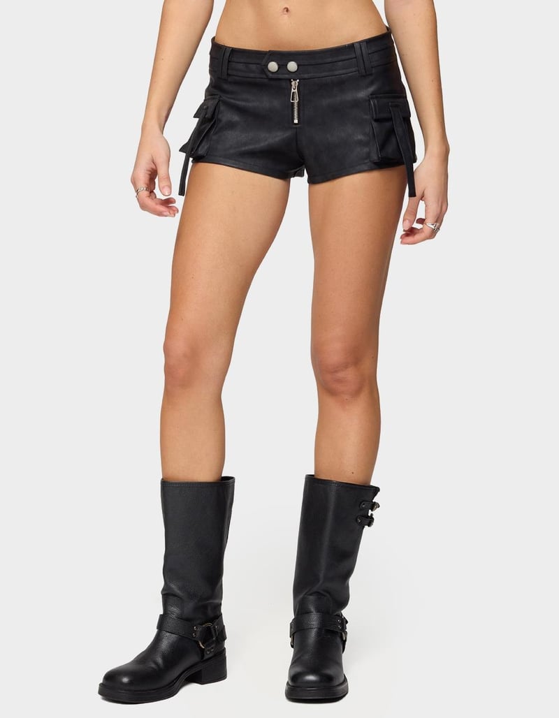 EDIKTED Washed Faux Leather Micro Cargo Shorts image number 0