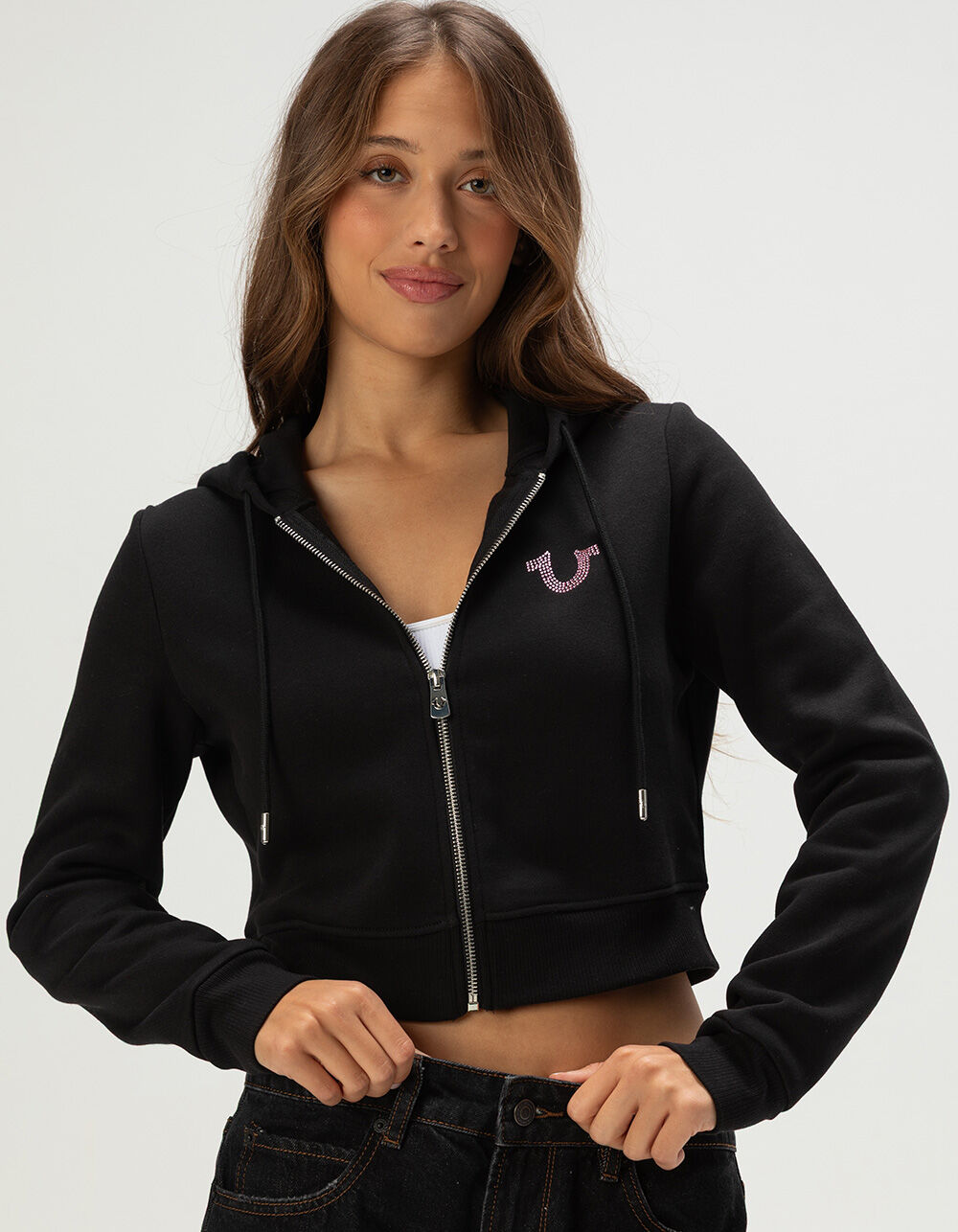 TRUE RELIGION Crystal Horseshoe Womens Zip-Up Hoodie - BLACK - L