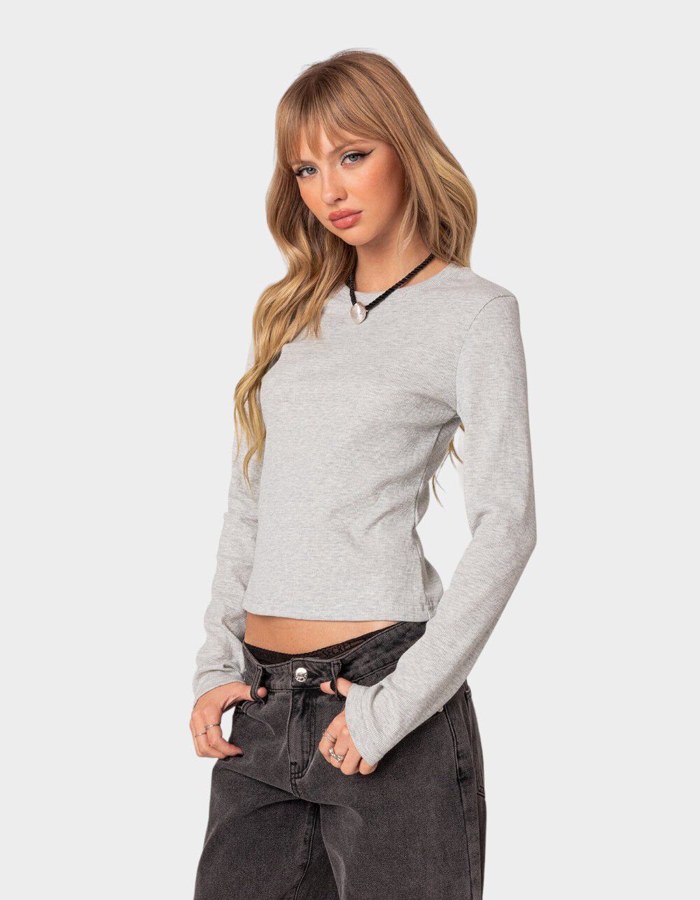 EDIKTED Marny Long Sleeve Waffle Top - GRAY | Tillys