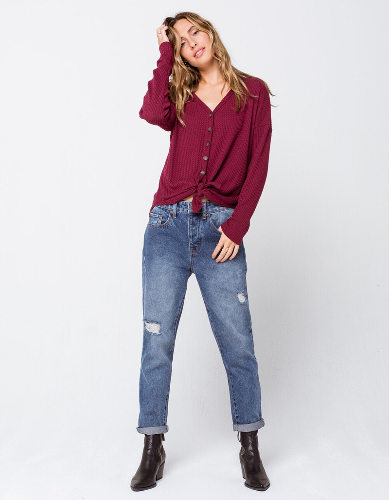 SKY AND SPARROW Button Tie Front Burgundy Womens Thermal Top image number 3