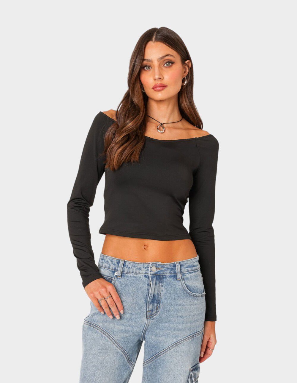 black v neck off the shoulder top