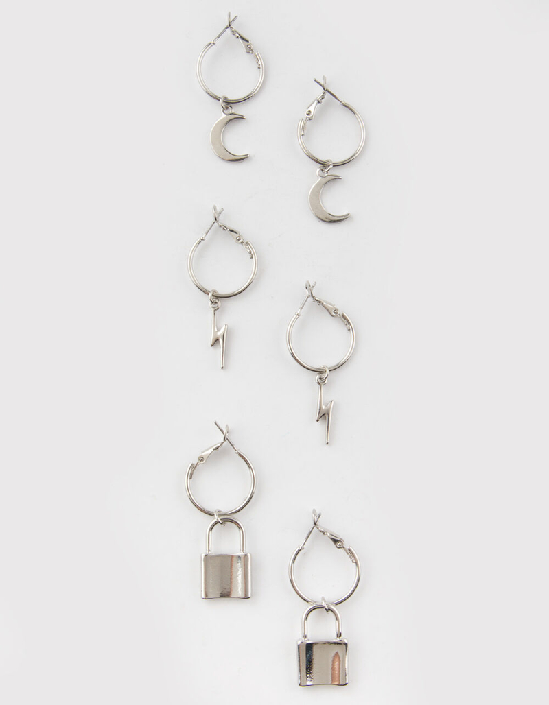 FULL TILT 3 Pair Thunder/Moon/Lock Hoop Earrings image number 0