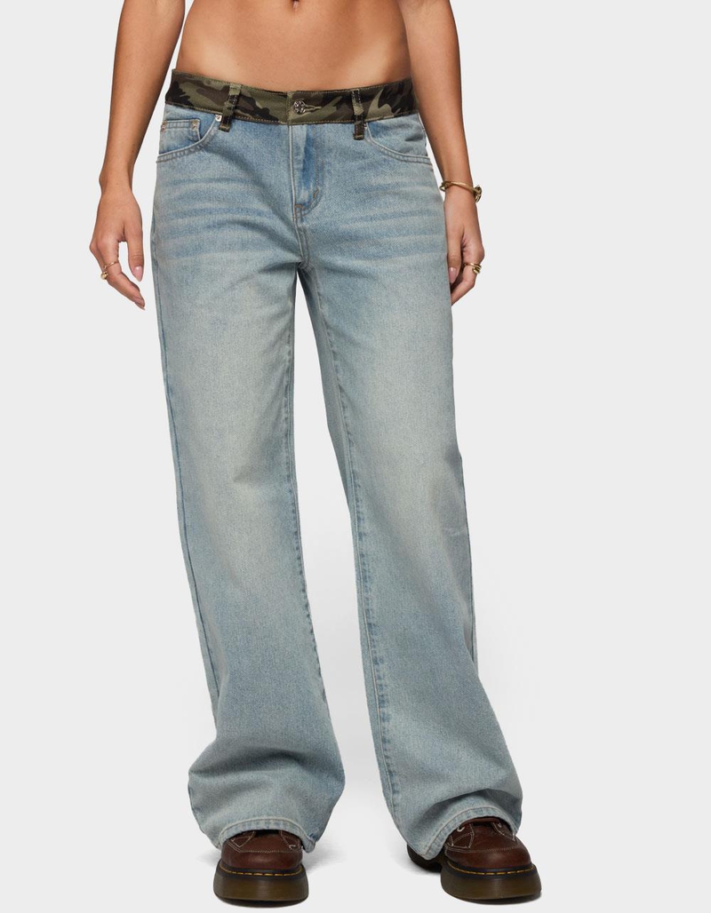 EDIKTED Camo Waist Low Rise Baggy Jeans image number 0