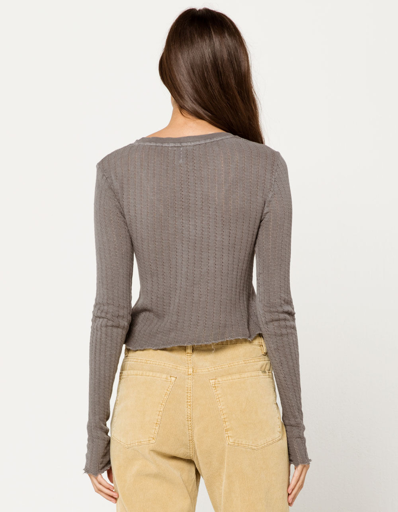 FULL TILT Pointelle V-Neck Gray Womens Crop Knit Top image number 2