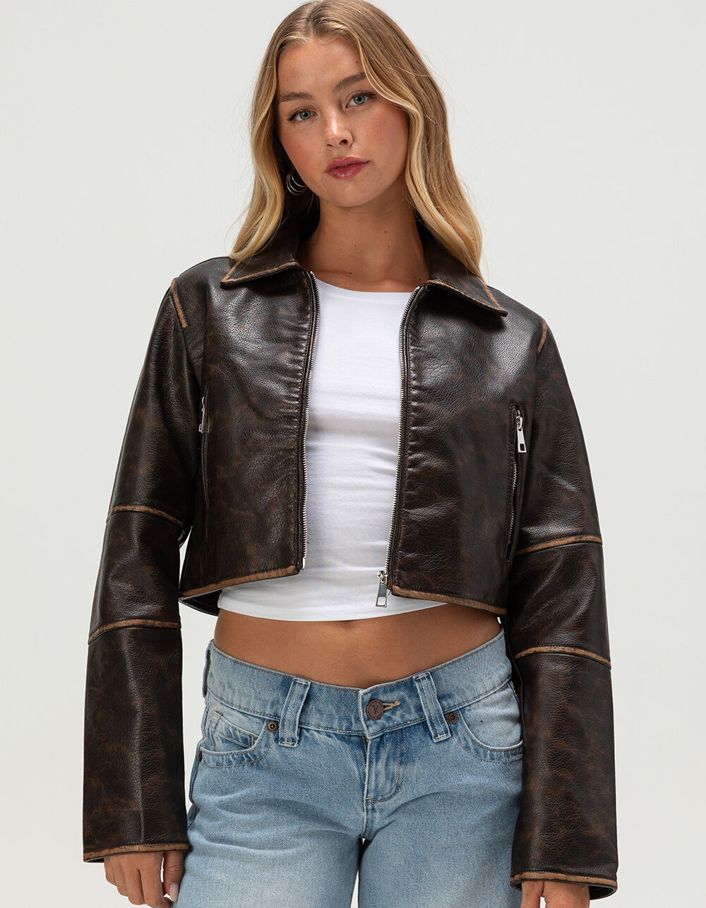 WEST OF MELROSE Womens Crop Faux Leather Jacket - BROWN - XL | Tillys