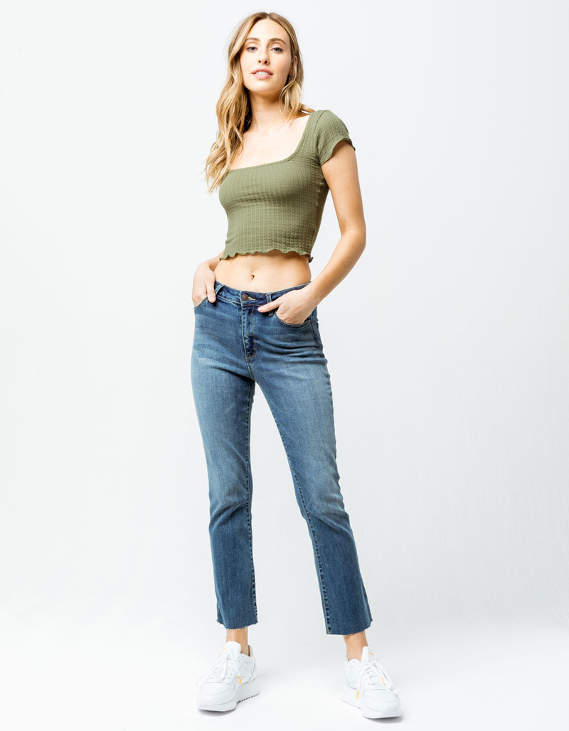 FULL TILT Essentials Ribbed Square Neck Olive Womens Crop Tee image number 3