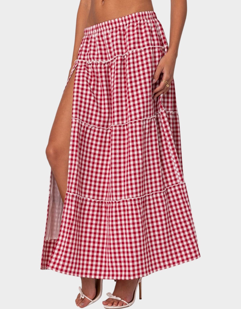 EDIKTED Gingham Side Slit Tiered Maxi Skirt image number 3