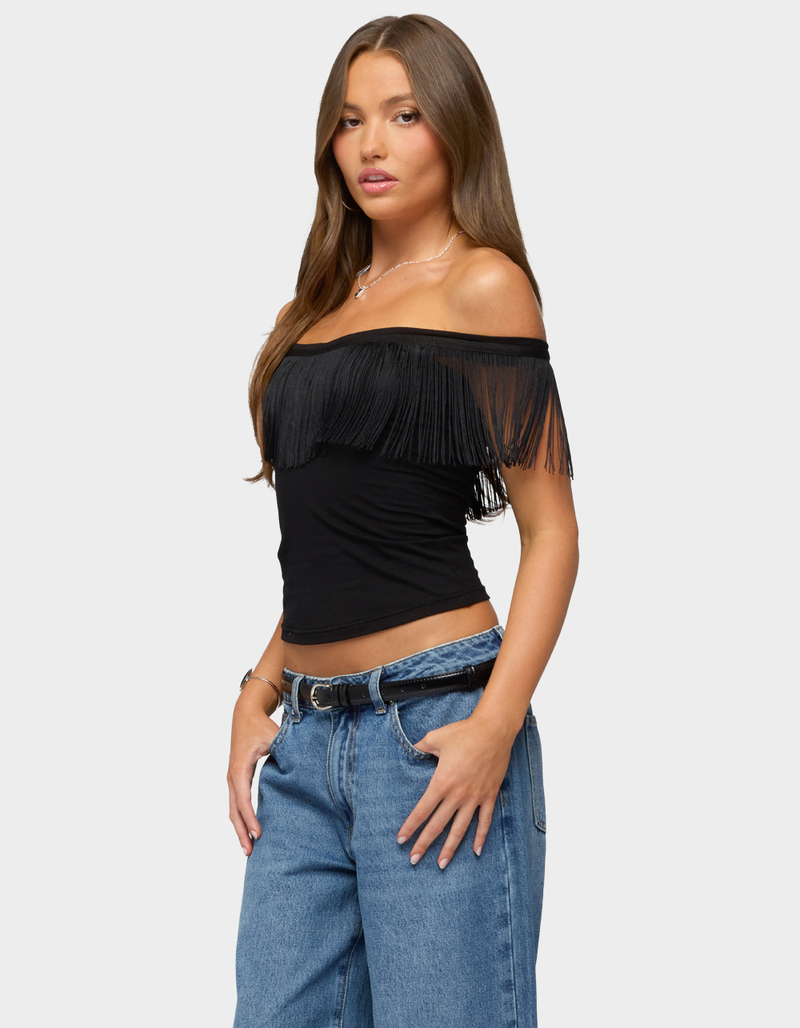 EDIKTED Catelina Fringe Off Shoulder Top image number 1