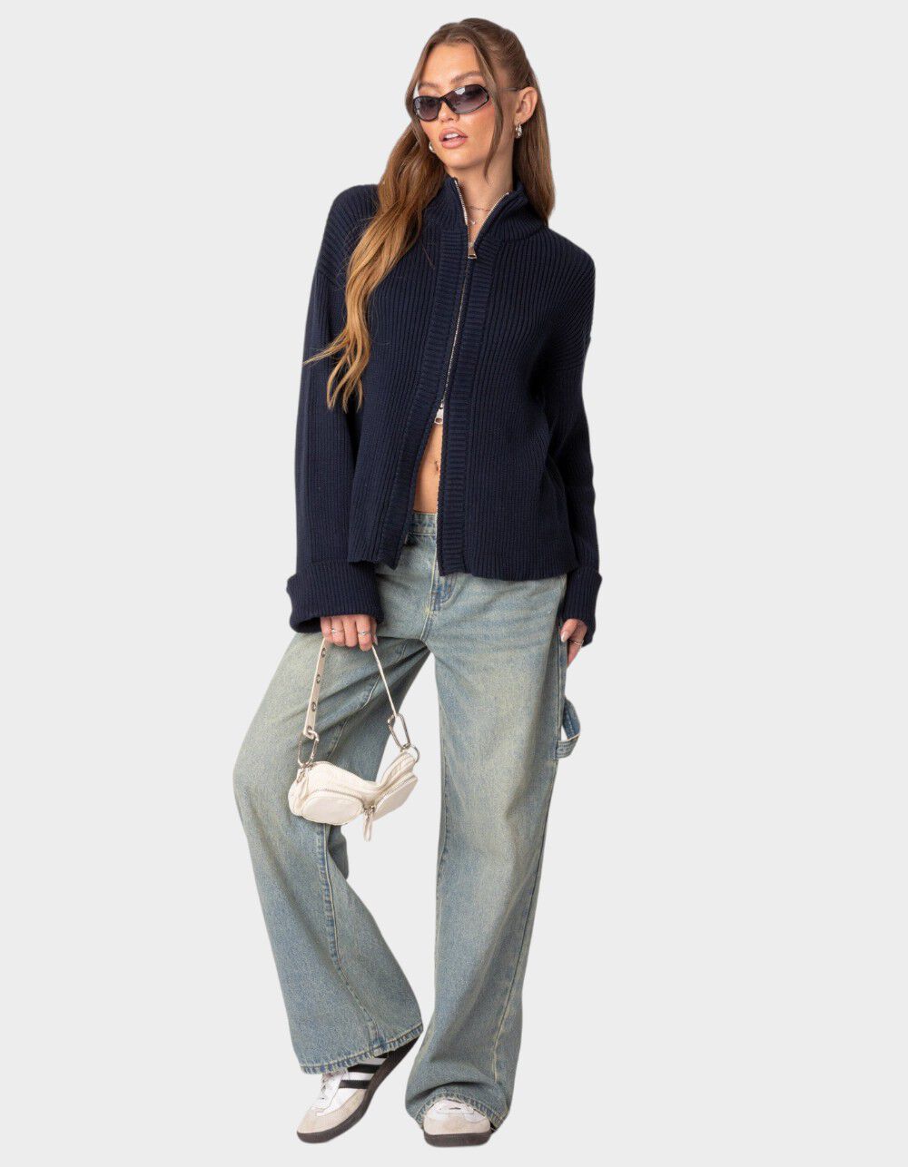 EDIKTED Oversized Zip Up Turtle Neck Cardigan - NAVY | Tillys