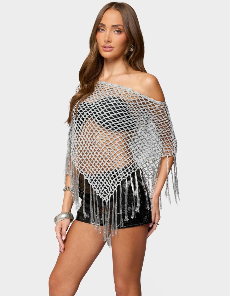EDIKTED Evette Fringe Open Knit Metallic Poncho image number 1