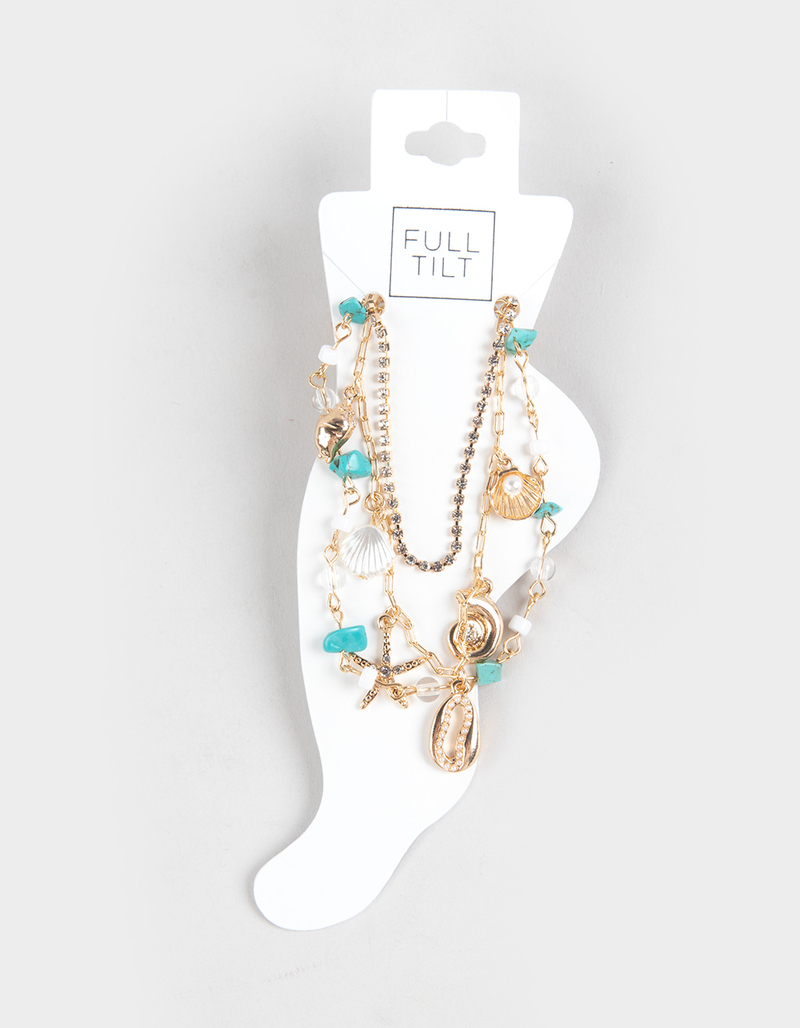 FULL TILT 3 Pack Rhinestone/Beaded/Shell Charm Anklets image number 0