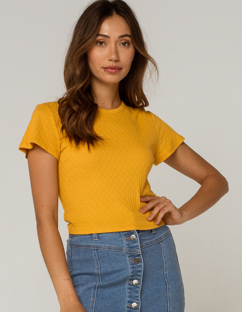 HEART & HIPS Pointelle Womens Yellow Baby Tee image number 1