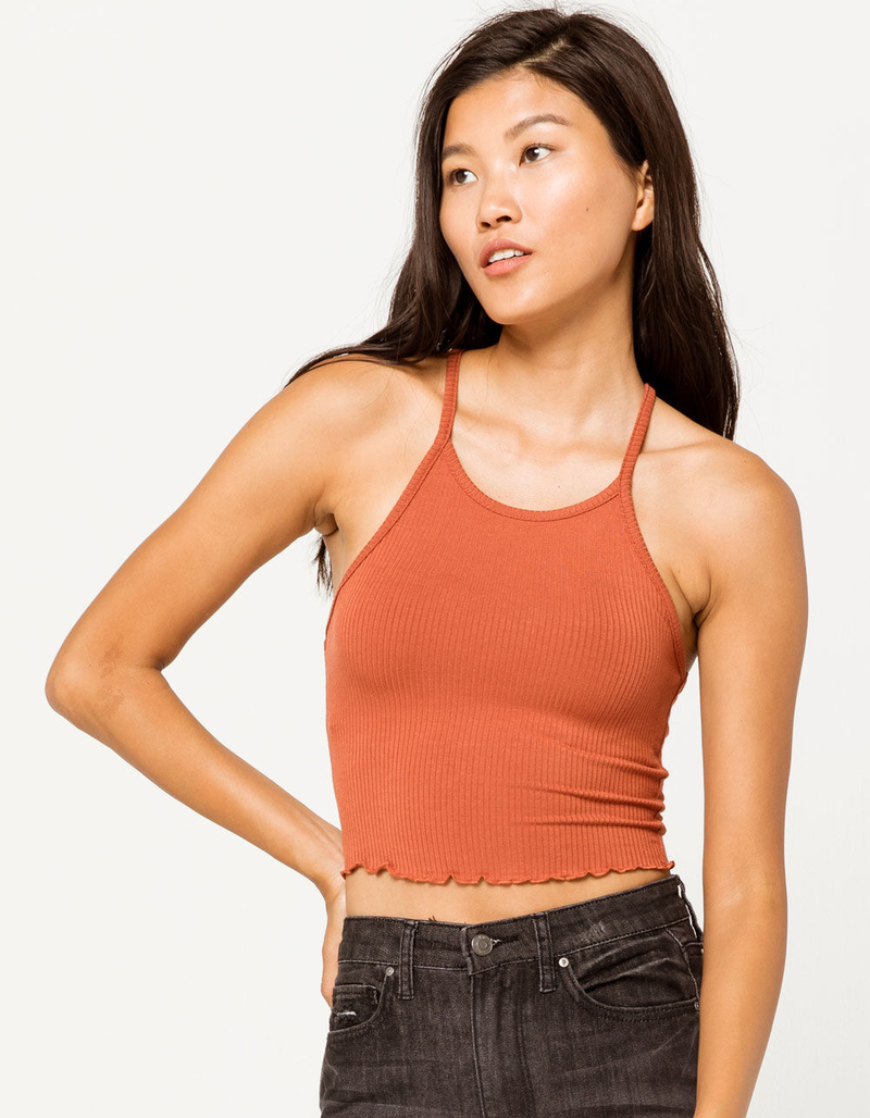 DESTINED Lettuce Edge High Neck Rust Womens Tank Top image number 0