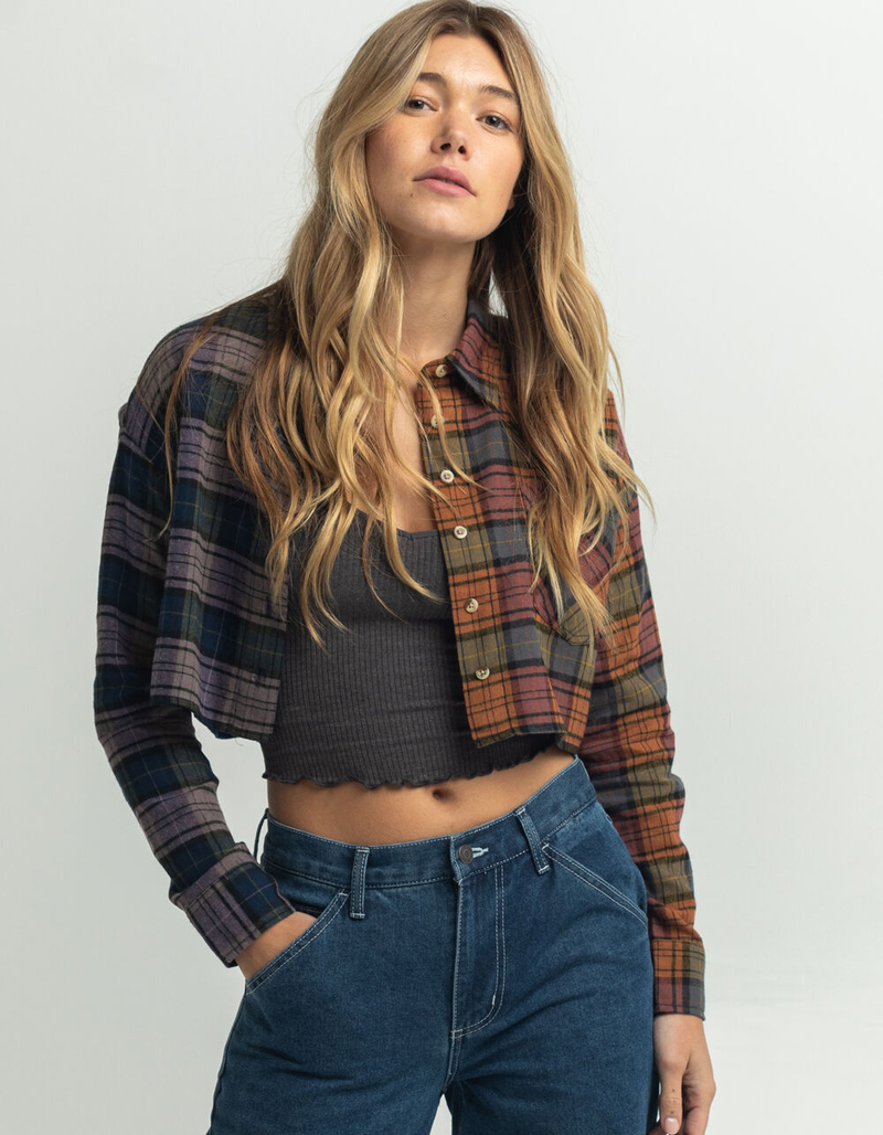 RSQ Womens Plaid Spliced Cropped Flannel image number 0