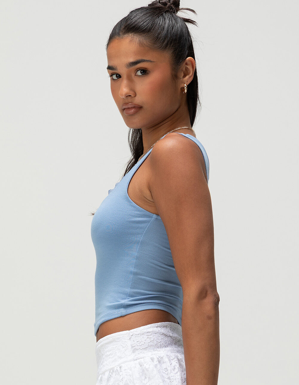 BOZZOLO Womens Lace Trim Square Neck Top - BLUE - S | Tillys
