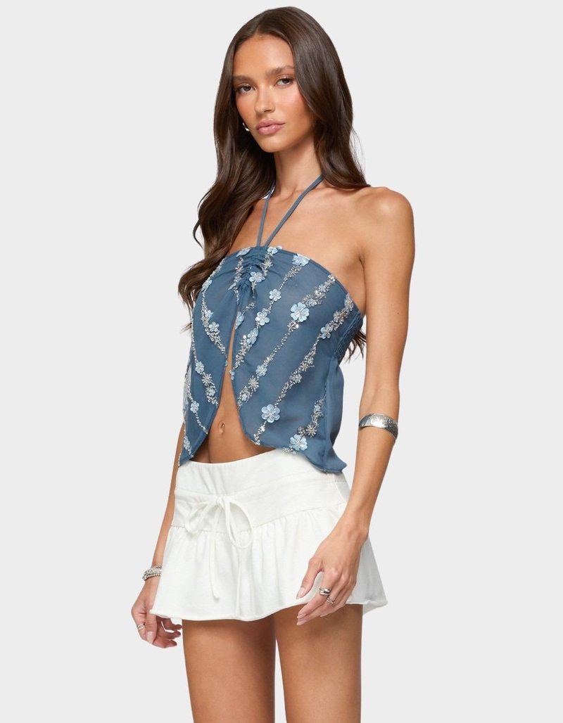 EDIKTED Beaded Floral Split Front Halter Top image number 1