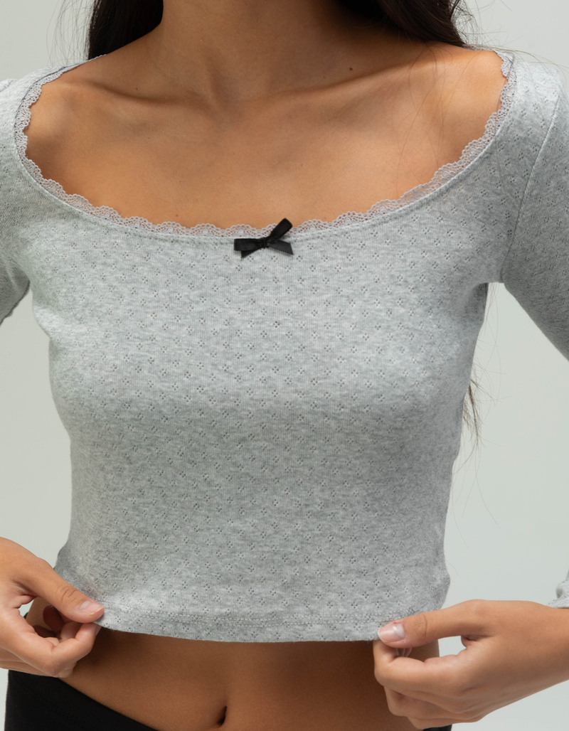 RSQ Womens Pointelle Bow Long Sleeve Top image number 4