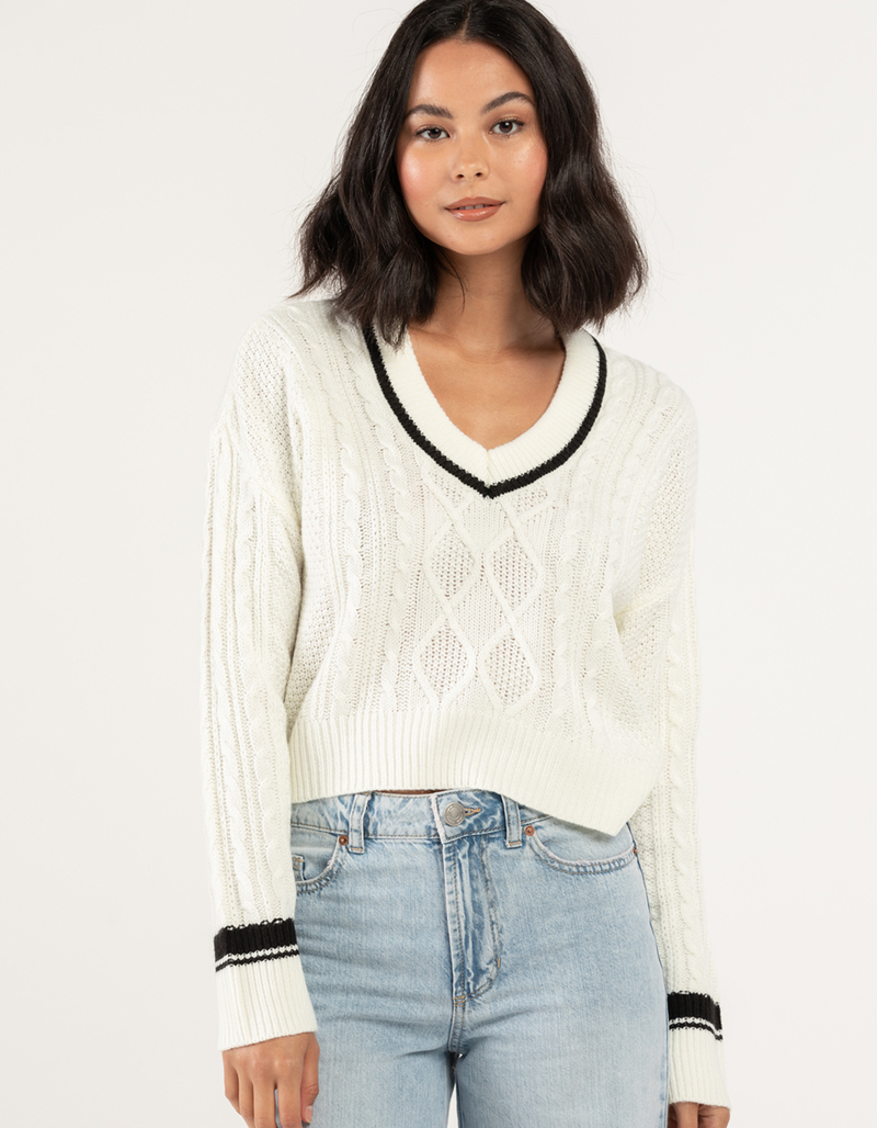RSQ Womens Varsity Cable V Neck Sweater image number 1