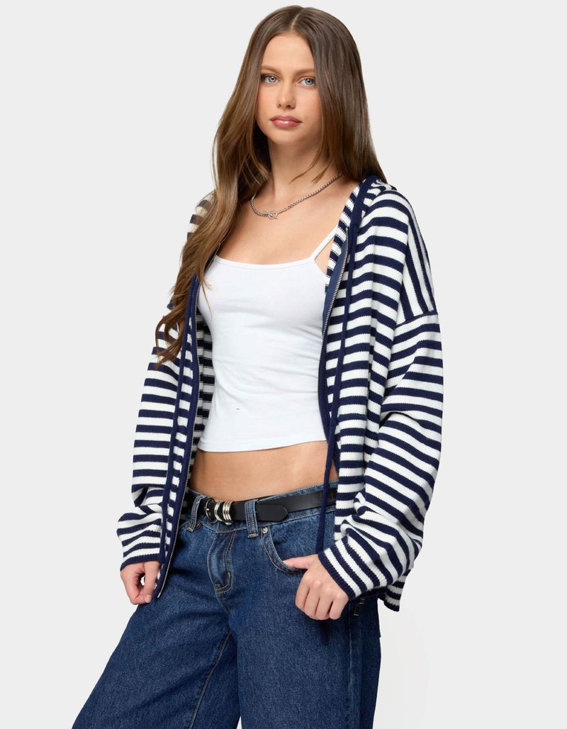 EDIKTED Safari Striped Knit Zip Up Hoodie image number 1
