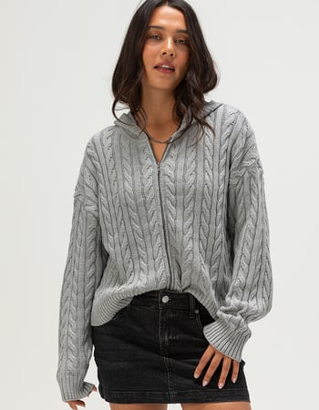 RSQ Womens Cable Knit Zip-Up Sweater Alternative Image