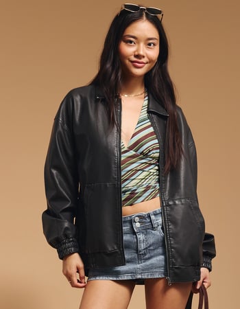 RSQ Womens Oversized Faux Leather Bomber Jacket Primary Image