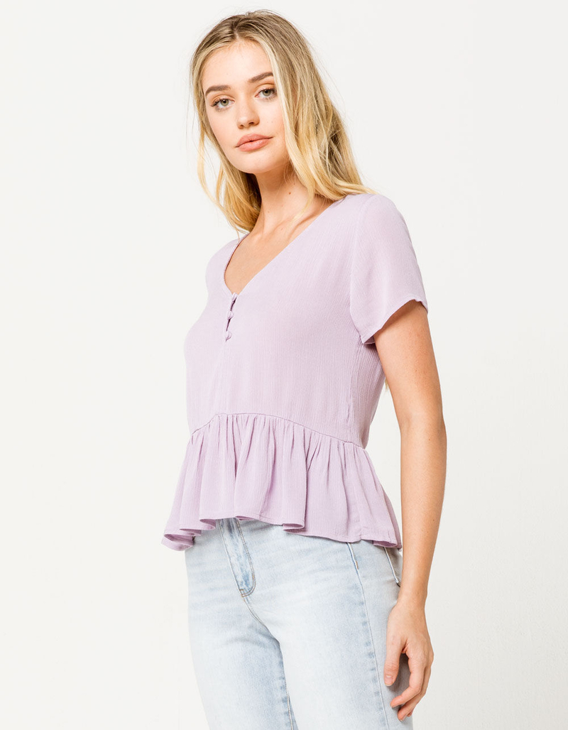 H.I.P. Solid Button Front Peplum Lavender Womens Top image number 1