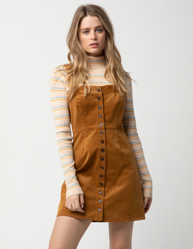 SKY AND SPARROW Corduroy Button Front Camel Structured Dress image number 0